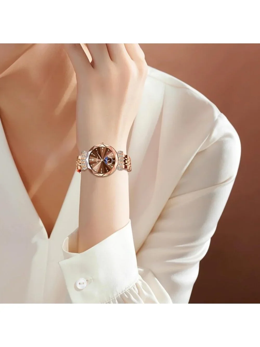 Women's Brown Steel Luxury Diamond Dial Stainless Steel Bracelet Wrist Watch